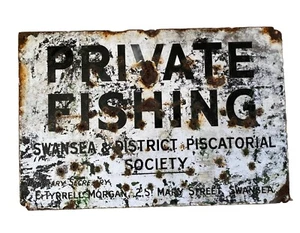 PRIVATE FISHING SIGN Metal Antique Vintage Swansea Piscatorial Society Wales - Picture 1 of 9