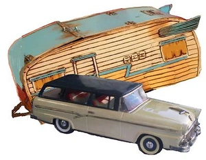 Vintage Tin Friction Car... 56 Ford Ranch Wagon With Handmade Shasta Van Trailer - Picture 1 of 12