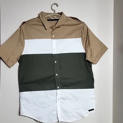 Sean John Thick Button Up Short Sleeve Shirt Brown Tan Green Men's XL - Image 1 of 4