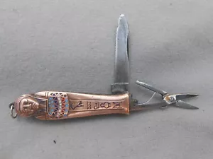 OLD RARE FIGURAL KNIFE FOB EGYPTIAN SARCOPHAGUS MUMMY W/SCISSORS ENAMELED SOLING - Picture 1 of 9