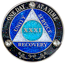 AA 31 Year Crystals & Glitter Medallion, Silver, Blue Color & 3 Crystals