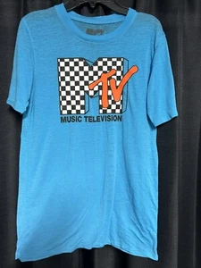 Boys Large Blue Retro MTV T-shirt black and white checkered pattern - Picture 1 of 3