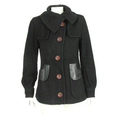 Mackage Pea Coat Black Wool w/ Leather Trim Jacket Women's size P/S - (blemish) Foto 1 de 4