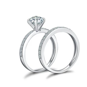 Juego de anillos de compromiso de banda de boda de plata esterlina 925 de corte redondo Cz talla 3-12 Ss60 - Imagen 1 de 5