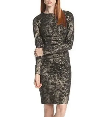 Vestido de cóctel Nicole Miller funda negro y dorado fruncido manga larga  Foto 1 de 4