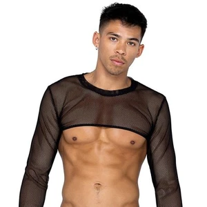 Top corto manga larga malla transparente elástico cuello redondo red negro LI589 pequeño - Imagen 1 de 5