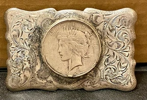 STERLING SILVER Hand Engraved BELT BUCKLE - 1922 PEACE DOLLAR - 80 Grams - Picture 1 of 13