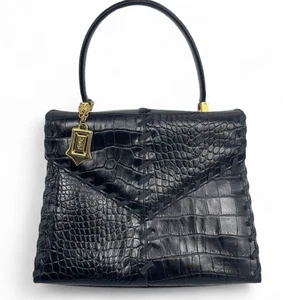 Bolso de mano Yves Saint Laurent YSL de cuero en relieve de cocodrilo negro vintage Japón - Imagen 1 de 10