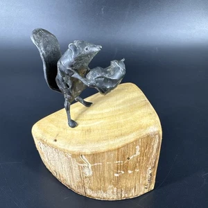 Mini Metal Squirrel with Acorn Figurine Sculpture on Wood Block Rustic Brutalist - Picture 1 of 12