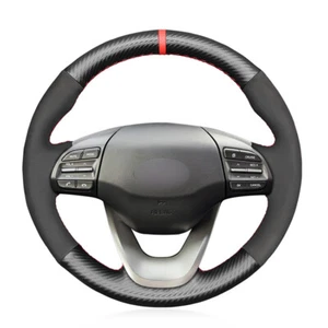 Black Suede Carbon Fiber Red Marker Car Steering Wheel Cover for Hyundai Kona - Picture 1 of 15