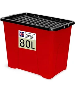 80 Litre Red Storage Box Versatile Home Storage Black Lid Pack 5 - Picture 1 of 7