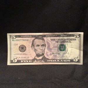 LOW TRINARY REPEATER 4 of a kind SERIAL NUMBER $5 DOLLAR NOTE BILL 00077037 2013 - Picture 1 of 6