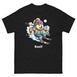Banff Doge Skiing Funny Ski Skier Dog Meme Cute Shirt T-Shirt - Picture 1 of 11