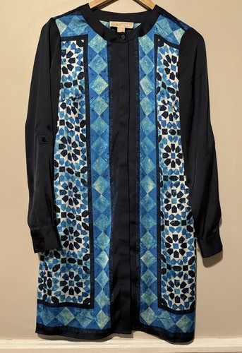 Abito Camicia Michael Kors Blu Manica Lunga Mosaico Pannello Bottoni Cambio Anteriore Tg XS