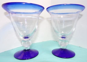 04 Two Hand Blown Mexican Cobalt Blue Clear Glass Goblet 8 Oz Capacity Barware - Picture 1 of 9