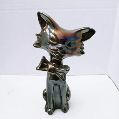 De colección MCM Gato Negro Mayólica Iridiscente Negro Giuseppe Chiurato 8" Mediados de Siglo Foto 1 de 4