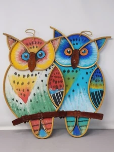 Vintage 2 Colorful Hand-Painted Wooden Hanging Owl Wall Art Fabric Decor - Picture 1 of 7