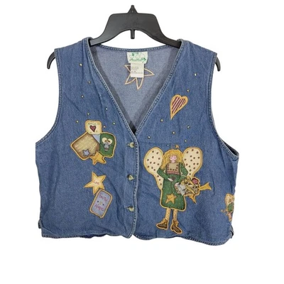 Quacker Factory Blue Denim Believe Love Angel Sleeveless Vest Women's Size 1X - Image 1 of 4