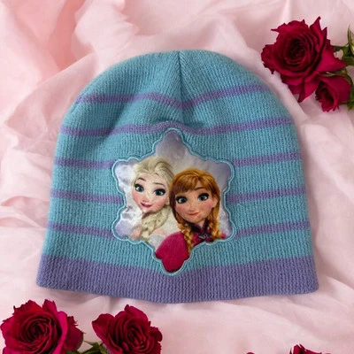 Disney Frozen Girls Blue With Stripe Elsa & Anna Winter Knit Beanie Stocking Hat - Image 1 of 4