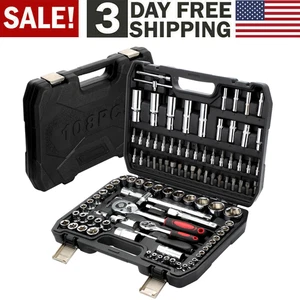 108Pcs Mechanics Tool Set Kit 6-Point Socket Ratchet Wrench Set Repair Tool Case - Picture 1 of 15