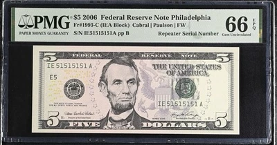 2006 $5 FRN PMG 66 EPQ – Repeater Fancy Serial IE51515151A – Philadelphia Note - Image 1 of 3