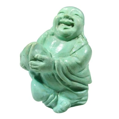 ANTIGUA ESTATUA CHINA TALLADA PIEDRA TURQUESA FELIZ BUDA CON MELOCOTÓN 27,3 GRAMOS Foto 1 de 4