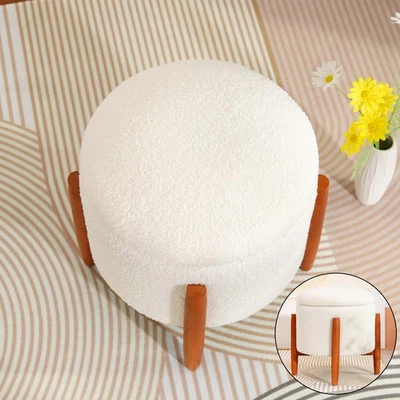 Storage Ottoman Round Footrest Storage Teddy Velvet Seat Vanity Stool Soft White - Image 1 of 4