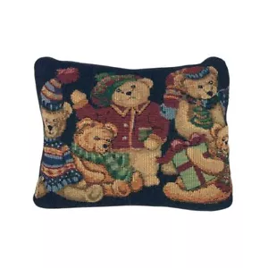 Teddy Bear Christmas Tapestry Pillow 16"x12" Tree Gift Hats Scarves Holidays - Picture 1 of 6