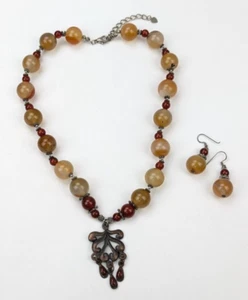 Agate & Carnelian Stone Beaded Pendant Necklace & Pierced Earrings Set - Picture 1 of 8
