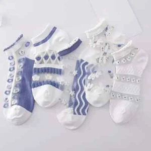 8 PAIRS Cute Semi-Sheer Mesh Floral Pattern Ankle Socks Breathable Lace Blue F-3 - Picture 1 of 8