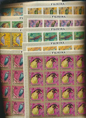 CONJUNTO DE FOLHAS COMPLETAS IMPERFURADAS PARA PÁSSAROS Fujeira M #294-302 Perfeito Estado Novo em folha Conjunto Completo de 9  - Imagem 1 de 4