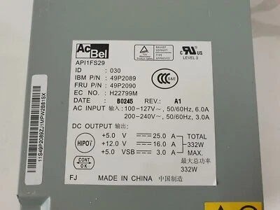 AcBel IBM XSeries 335 332W Power Supply 49P2090 49P2089 API1FS29 GIGABYTE - Image 1 of 4