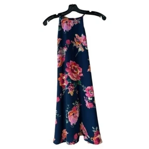 Everly Floral Mini Dress Halter Babydoll Lined Navy Size Small Made in USA - Picture 1 of 8