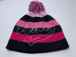 Womens NIKE beanie with pom pink striped hat cap 7-16 yrs - Picture 1 of 4