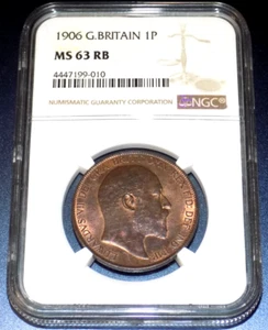 1906 UNC BU RB NGC MS 63 Great Britain UK Penny KM# 794.2 Edward VII 1P COIN - Picture 1 of 4