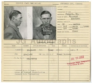 Police Booking Sheet - Walter Combs/Grand Larceny - Missouri Penitentiary, 1950 - Picture 1 of 2