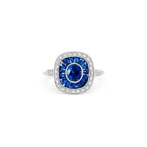 Zafiro Azul Diamante Platino Anillo Art Déco Natural Francés Corte Barra 3.12CTW - Imagen 1 de 8