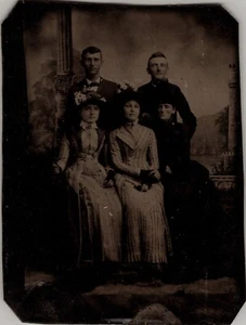 Three Women Town Men Studio Image Antique Tintype 1860s Photo - Picture 1 of 5