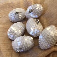 6 Vintage White Satin Glass Bugle Bead Toggle Buttons With Metal Loop Shank