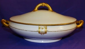 ANTIQUE HAVILAND LIMOGES COVERED CASSEROLE DISH W/ HP YELLOW ROSE W/ GOLD TRIM - Picture 1 of 10