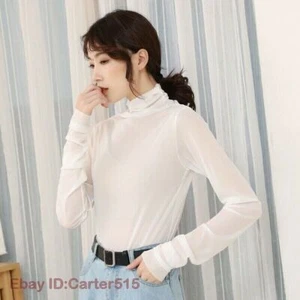 Lady Mesh Blouse See Through Sheer Tops Long Sleeve Turtle Neck Thin Sexy Casual - Picture 1 of 29