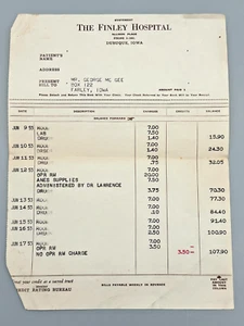 Vintage 1953 Finley Hospital Dubuque Iowa Bill 9 days w/ Surgery - Picture 1 of 2