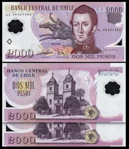 Chile 2000 Pesos 2008, UNC, 2 Pcs Consecutive Pair, P-160c, POLYMER - Picture 1 of 4