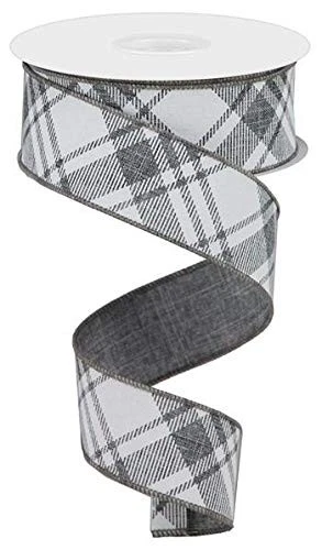 Diagonal Stripe/Check Wired Edge Ribbon 10 Yards 1.5" Grey and White - Image 1 of 1