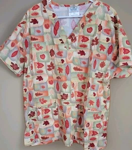 Crest Uniform Scrub Top Short Sleeves Fall Leaves Size Large - Picture 1 of 4