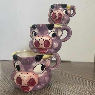 Juego de 3 tazas medidoras vintage de vaca púrpura pintadas a mano del Támesis Japón años 50 Foto 1 de 4