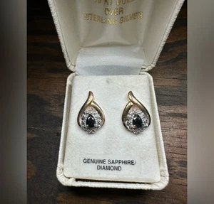 Genuine Sapphire/ Diamond 18K Plated 925 Sterling Silver Earrings - Picture 1 of 5