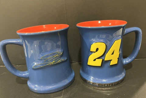 2 Mugs—NASCAR JEFF GORDON  #24 3D Coffee Mug Blue & Yellow & Red Signature Cover