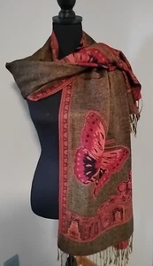 Large Scarf Or Wrap Burgundy With Green Butterfly Design - Picture 1 of 8