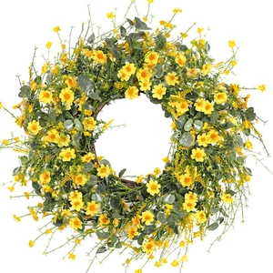 Yellow Daisy Wreath 24 Inch Spring Summer Wreath Fake Silk Floral Wreath with Gr - Picture 1 of 12